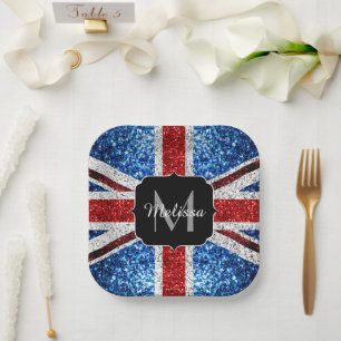 UK flag red blue white sparkles glitters Monogram Paper Plate