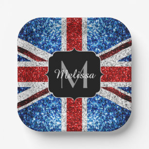 UK flag red blue white sparkles glitters Monogram Paper Plate