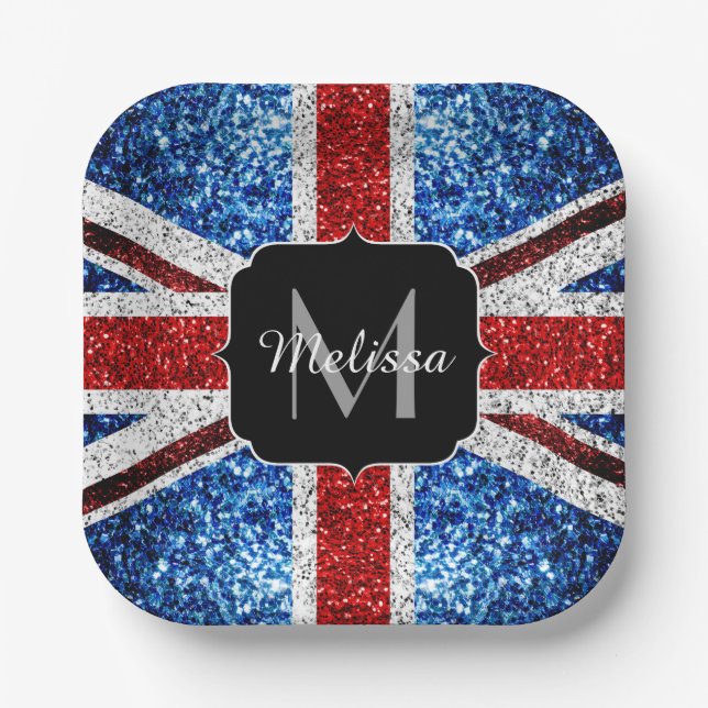 UK flag red blue white sparkles glitters Monogram Paper Plate (Front)