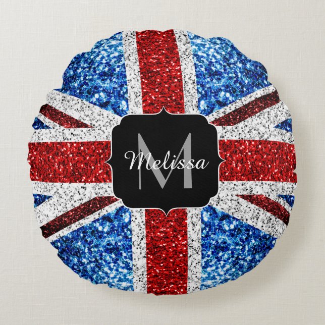 UK flag red blue white sparkles glitters Monogram Round Cushion (Front)