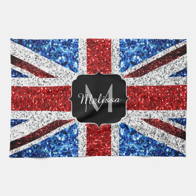 UK flag red blue white sparkles glitters Monogram Tea Towel (Horizontal)