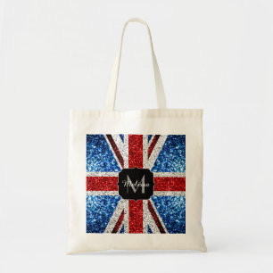 UK flag red blue white sparkles glitters Monogram Tote Bag
