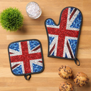 UK flag red blue white sparkles glitters Oven Mitt & Pot Holder Set
