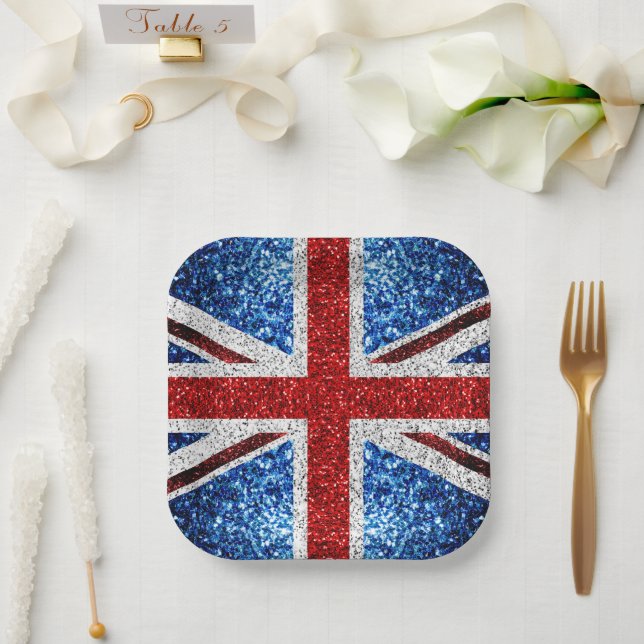 UK flag red blue white sparkles glitters Paper Plate (Wedding)