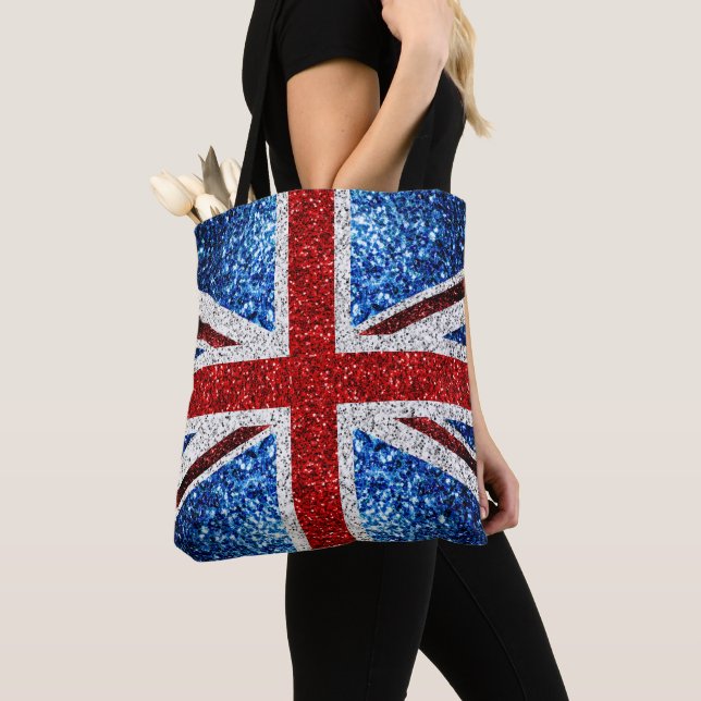 UK flag red blue white sparkles glitters Tote Bag (Close Up)
