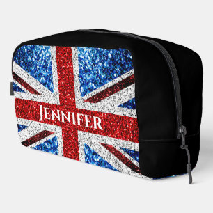 UK flag red white blue sparkles Custom name text Dopp Kit