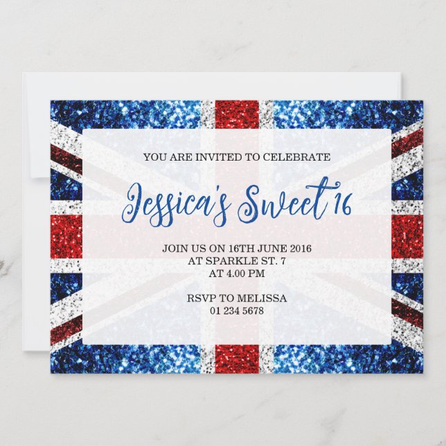 UK flag red white blue sparkles sparkles Sweet 16 Invitation (Front)