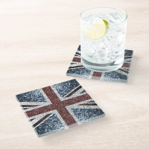 UK flag Rustic vintage sparkles glitters bling Glass Coaster