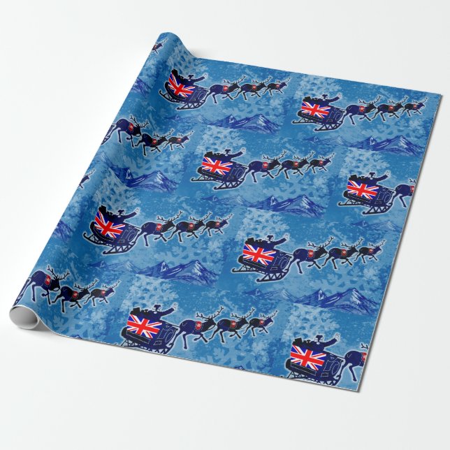 UK flag Santa sleigh Christmas wrap paper (Unrolled)