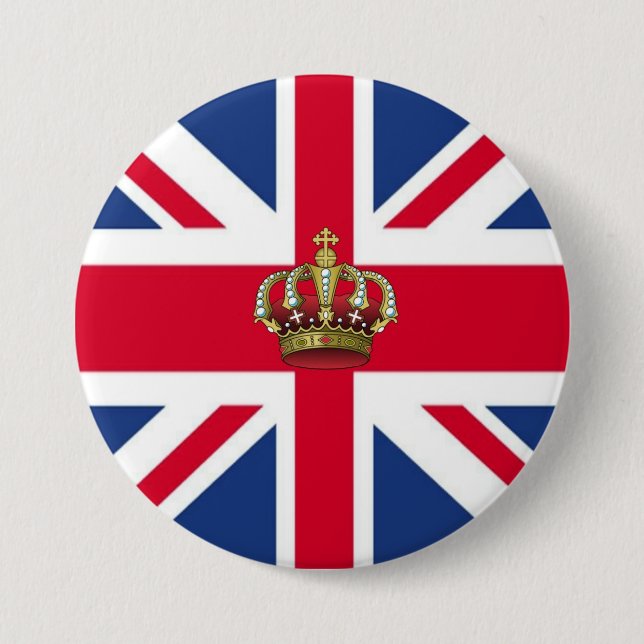 UK Flag with Royal Crown 7.5 Cm Round Badge (Front)