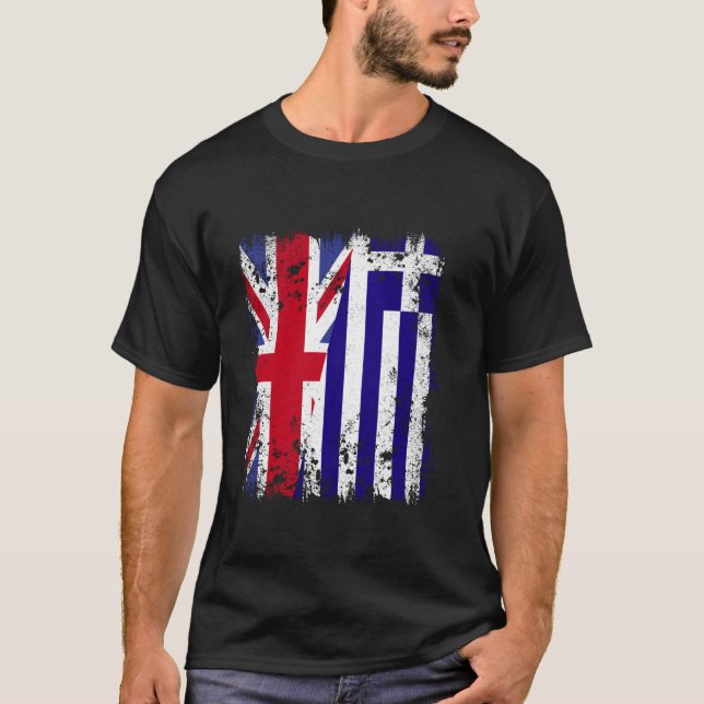 UK Greece Half Flag British Greek Flag Hellas Heri T-Shirt (Front)