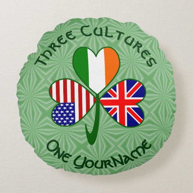 UK Ireland USA Flags Shamrock Personalised  Round Cushion (Front)
