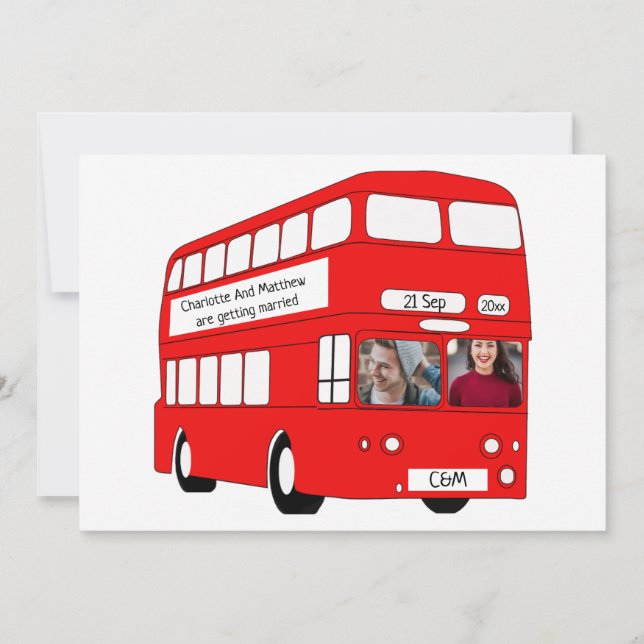 UK Red London Bus British Themed Wedding Announcement (Front)
