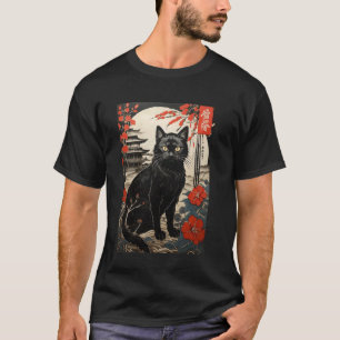 Ukiyo-e Black Cat - Japanese Woodblock Style with T-Shirt
