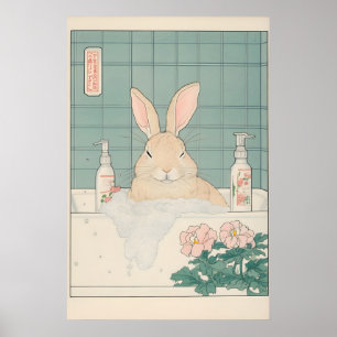 Ukiyo-e Bunny Print Funny Rabbit in Bathtub