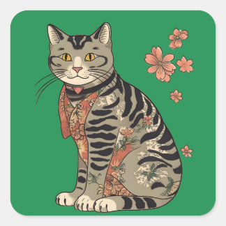 Ukiyo-e Cat and flowers Pattern Vol.2 Square Sticker
