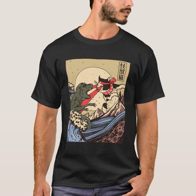 Ukiyo-e Catzilla Samurai versus Giant Kaiju  T-Shirt (Front)