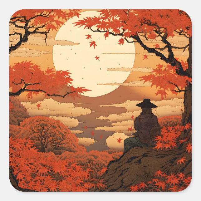 Ukiyo-e Japan fall autumn samurai Square Sticker (Front)