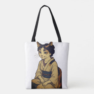 Ukiyo-e style calico cat tote bag