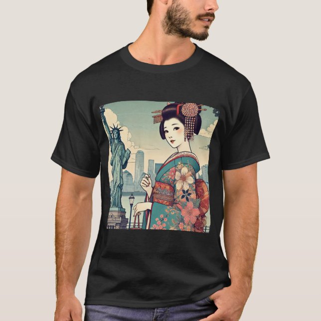 Ukiyo-e style: Oiran alongside the Statue of Liber T-Shirt (Front)