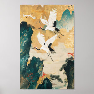 Ukiyo-e Style Two Cranes Poster