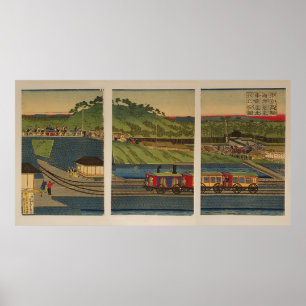 Ukiyo-e Triptych: Steam Train at Takanawa Seashore Poster