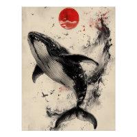 Ukiyo-e Whale Art with Red Sun & Ink Splatter