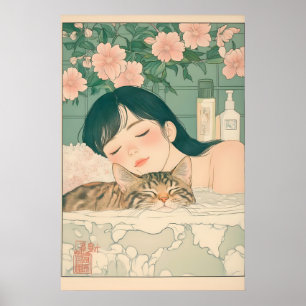 Ukiyo-e Woman and Tabby Cat Art Japanese Bathroom Poster