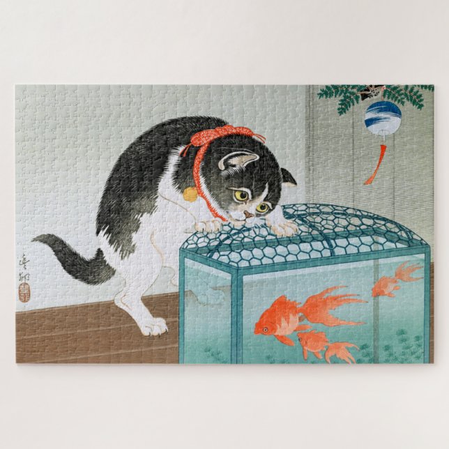 Ukiyoe [Koson] Cat and Goldfish  Jigsaw Puzzle (Horizontal)