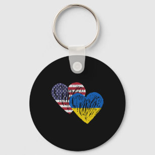 Ukraine American Flag Love Heart Key Ring