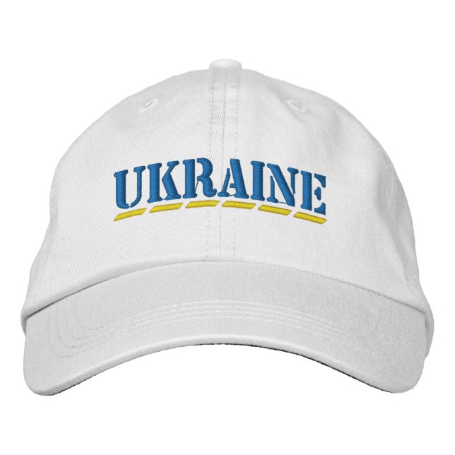 UKRAINE Blue and Yellow Stencil Style Font White Embroidered Hat (Front)