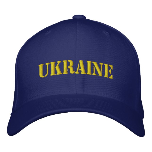 UKRAINE Blue with Yellow Stencil Style Font Embroidered Hat (Front)