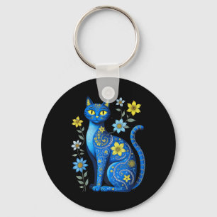 Ukraine Cat Floral Vintage Ukrainian Flag Vyshyvan Key Ring