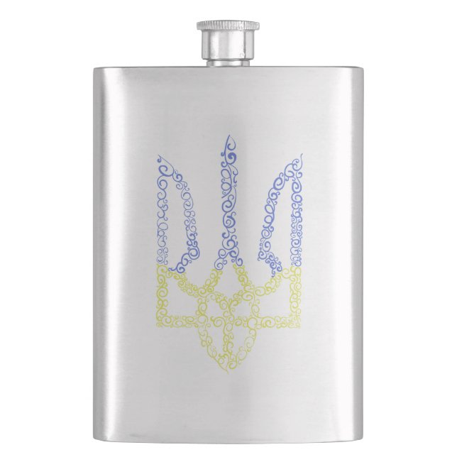 Ukraine coat of arms trident tryzub spiral pattern hip flask (Front)