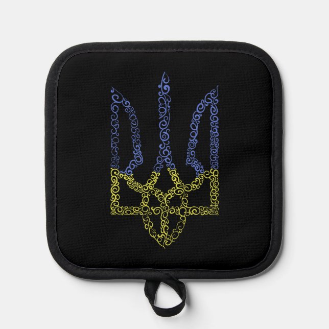 Ukraine coat of arms trident tryzub spiral pattern pot holder (Front)