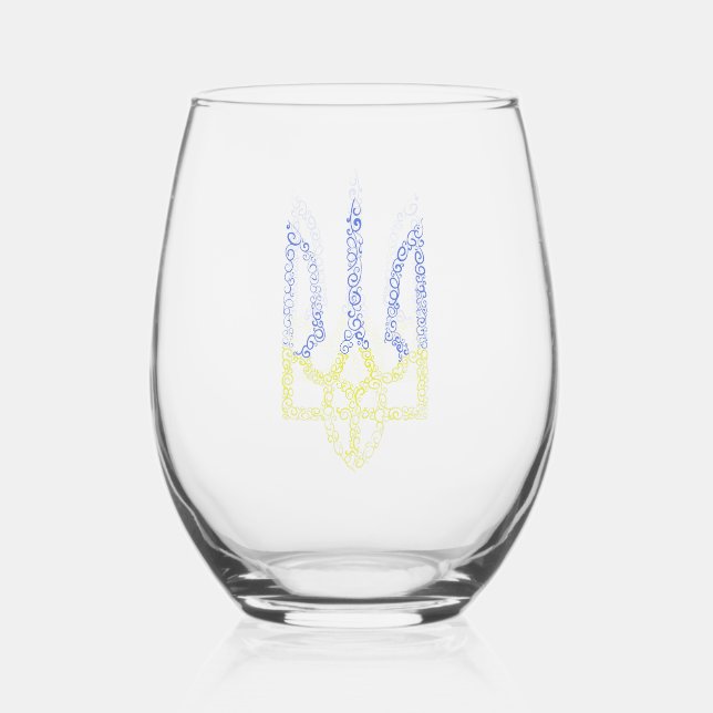 Ukraine coat of arms trident tryzub spiral pattern stemless wine glass (Front)
