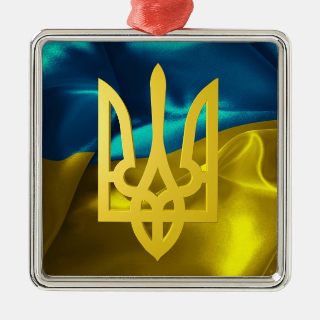 Ukraine Flag and Tryzub Metal Christmas Ornament (Front)