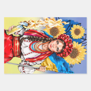 Ukraine Flag and Woman Support Car Magnet Gift Tag Wrapping Paper Sheet