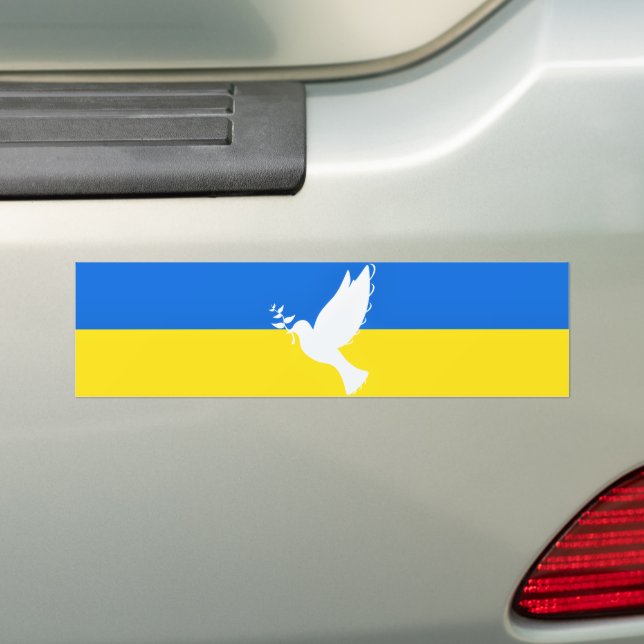 Ukraine Flag Bumper Sticker Support - Peace Dove (On Car)