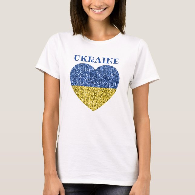 Ukraine flag glitter faux sparkles Heart with text T-Shirt (Front)