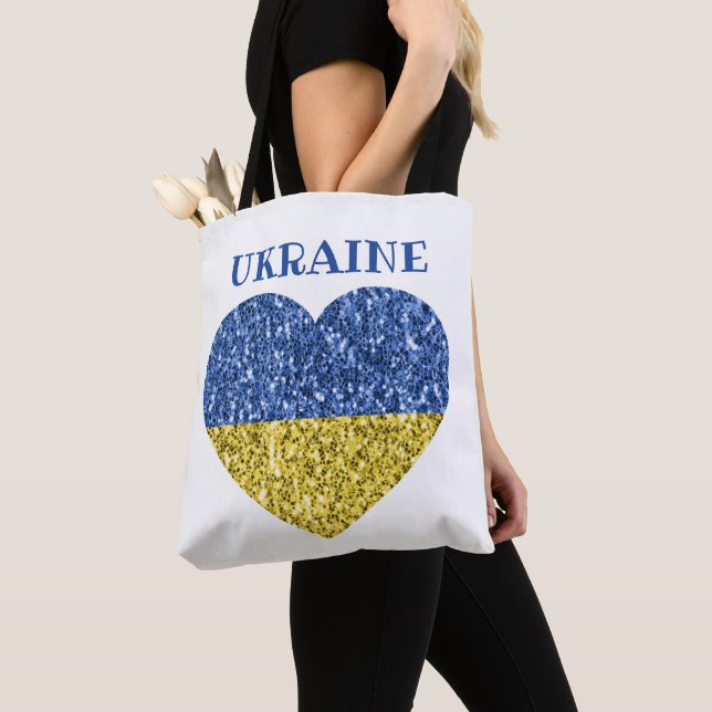 Ukraine flag glitter faux sparkles Heart with text Tote Bag (Close Up)