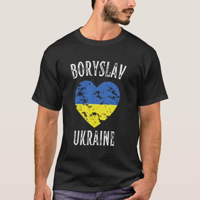 Ukraine Flag Heart Boryslav City T-Shirt (Front)