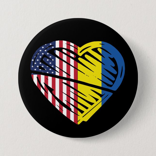 Ukraine Flag Solidarity USA American Flag Heart 7.5 Cm Round Badge (Front)