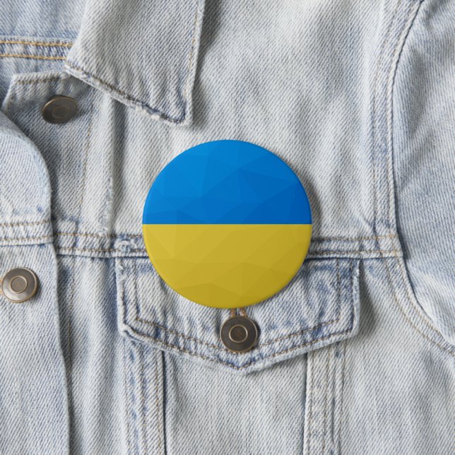 Ukraine flag yellow blue geometric pattern mesh 7.5 cm round badge (In Situ)