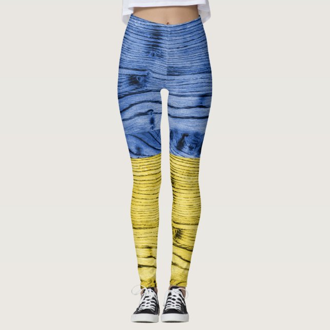 Ukraine flag yellow blue wood texture pattern leggings (Front)