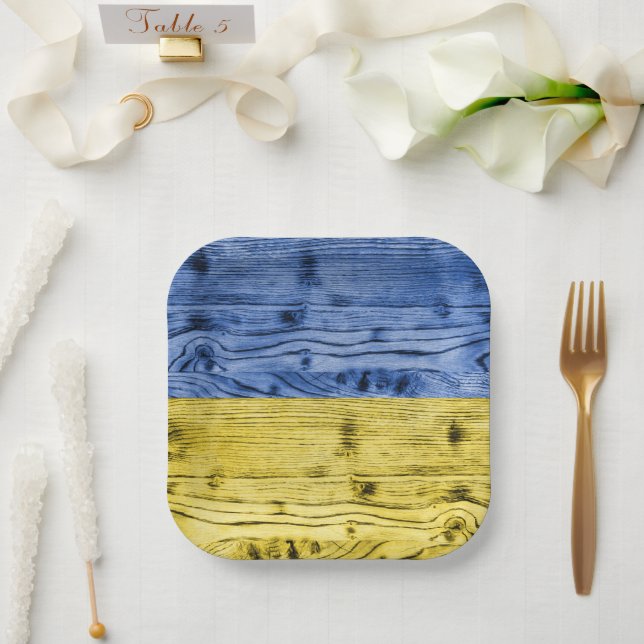 Ukraine flag yellow blue wood texture pattern paper plate (Wedding)