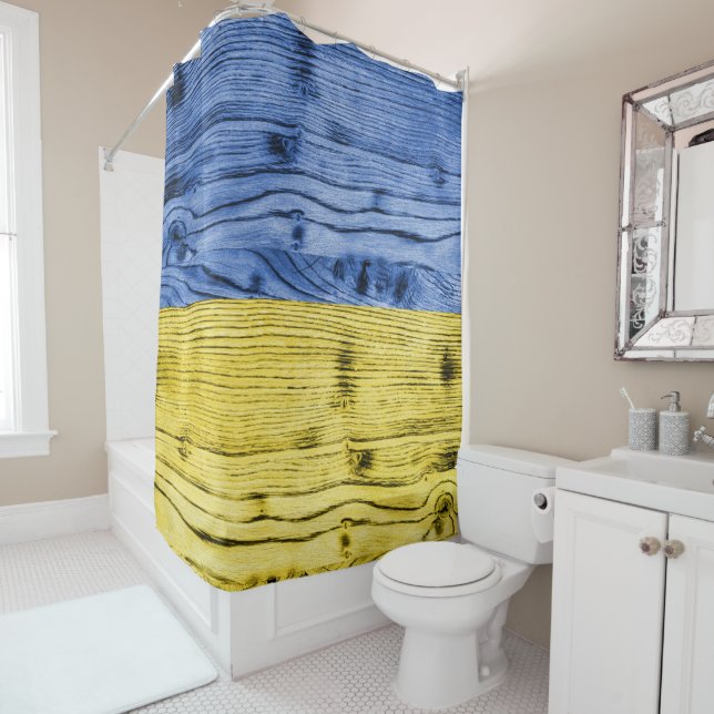 Ukraine flag yellow blue wood texture pattern shower curtain (In Situ)