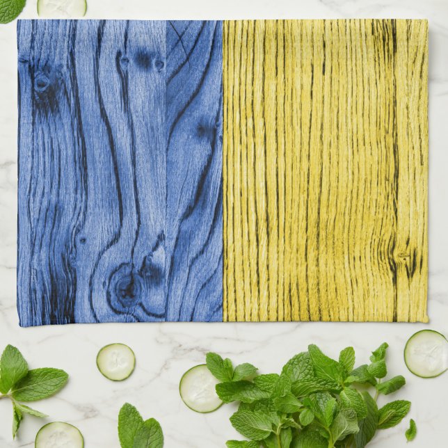 Ukraine flag yellow blue wood texture pattern tea towel (Folded)