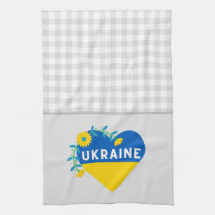 Ukraine Flower Heart Grey Gingham Tea Towel