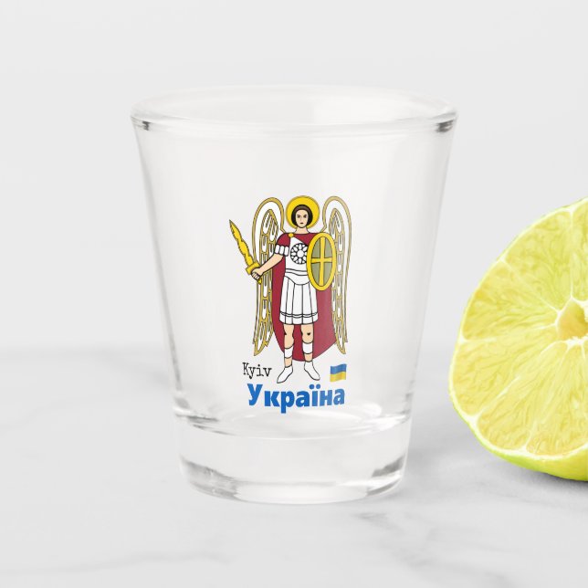 Ukraine & Kyiv City Coat of Arms, Ukrainian Flag S Shot Glass (Front)